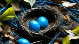 Three blue eggs in a nest made of twigs and dry grass surrounded by fallen leaves