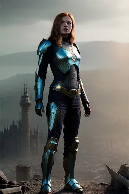 ultrarealistic, concept art, panoramic, ruined city,__intricate fantasy armor__, no star, __angles__, 18 year old woman, strikingly beautiful,ginger hair, _colour_, (pale __skincolor__ skin:1.2), __camera__, long hair, detailed face and eyes, medium breasts, sci-fi theme, freckles, dynamic pose, resolved expression, __accessory__, strappy outfit, (straps:1.1), sword in scabbard on left hip, (buckles, buttons, snaps, rings:1.0), haltertop style breastplate, detailed eyes, plump lips