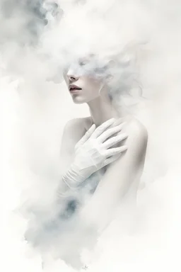 White smoke artistically takes the form of gloves by Ryohei Hase, Agnes Cecile, Raymond Swanland, Anne Bachelier, pastel smoky texture in hues of tranquility, an embodiment of minimalism with a stroke of simplicity, evoking serenity against a backdrop, white shimmering, fantasy art, backlit