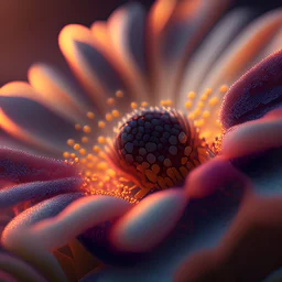 Photoreal microscopic close-up of a flower at twilight