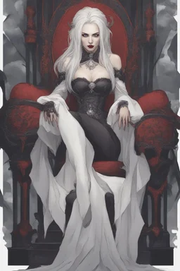 Vampire queen with white hair sitting on throne