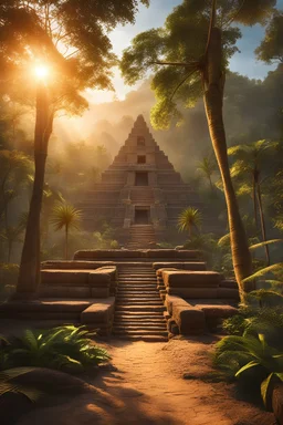 Sunrise over the jungle with ancient piramids , misterios scenario , dynamic light and shadow, vivid colors, mid-angle, very detailed scene with intricate details ,ultra hd, realistic, natural colors, highly detailed, UHD ,perfect composition, beautiful detailed intricate image , insanely detailed 8k artistic photography, photorealistic concept art, soft natural volumetric cinematic perfect light,