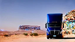 A Tesla semi-truck is parked, at Petra, in Jordan. CINEMATIC. WIDE ANGLE LENS.