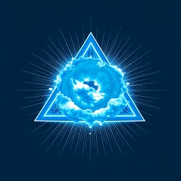 a blue nuclear explosion inside an equilateral triangle, radiant lines, vector logo
