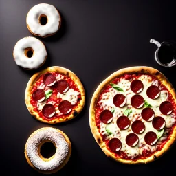 pizza on plate, donut on napkin, coca cola glass, black background