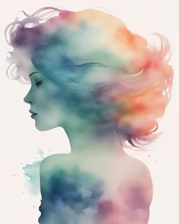 woman silhouette and hair watercolor draw pastel colors