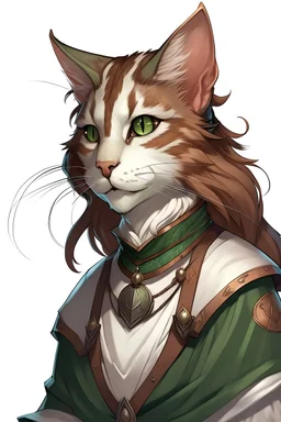 D&d tabaxi with white fur, female humanoid, with long auburn hair, pigtails with green eyes, bard