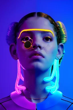 Rosalía artist, Realistic image, natural waist up portrait, perfect eyes, glow eye, black eye line, sweet face, pigtails hair, spray line make up, geometric, gold, big rings piercing, led ornament, bubble latex coat, inflatable, cold, led lights, geometric, neon, pink, blue, gold, vibrant color, highly detailed, art stations, concept art, smooth, unreal engine 5, god lights, ray tracing, RTX, lumen lighting, ultra detail, volumetric lighting, 3d, finely drawn, high definition, high resolution