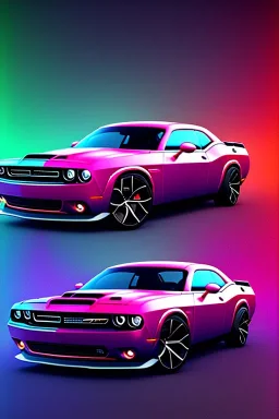 schönes foto von einem chromlackierten dodge challenger in heckansicht der auf einem highway richtung horizont fährt,miami vice, miami, neon ligths,chrome, synthwave, retro, high detailed,unreal engine, octane render, photo realistic, viele palmen, komplementärfarben