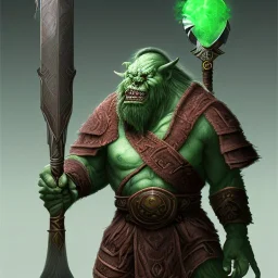 orc mage, Height 200cm, Weight 150kg, Skin color green, Has predator-like eyes, fangs, and claws. He holds a magic wand by both hands. He kills humans with ferocious accuracy. His intelligence is equal to that of a human. Wears robes of crude cloth