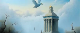 A palish light blue foggy temple in the sky with a hummingbird designed in ancient Greek pottery painted by Caspar David Friedrich