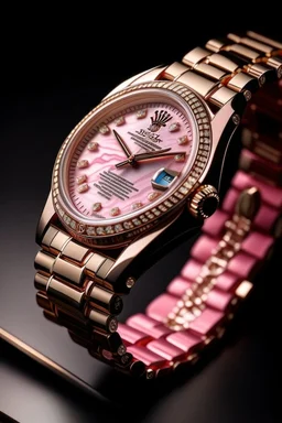 "Imagine examining the intricate detailing on a pink Rolex watch. The delicate hands sweeping across the pink mother-of-pearl dial, each second marked with precision, encapsulates the essence of craftsmanship."