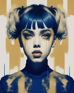 Poster in two gradually, a one side the Singer Danish MØ face, and other side the Singer Melanie Martinez face, symmetry, painting by Yoji Shinkawa, darkblue and gold tones,