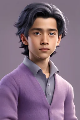 11-year-old, boy, long hair, black hair, grey colored eyes, grey iris, olive skin tone, good-looking, carelessly handsome, slightly spoiled, haughty look on his face, high cheekbones, thin, toned, lavender sweater vest, study background