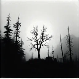 Close-up Ilford photograph of a creepy surreal landscape, eerie, no style, very surreal, trees, spooky, metaphysical objects, giant sun, intricate, thoughtful, appalling, mountain rocks, deep 3d field, 8k, hypermaximalist, fog