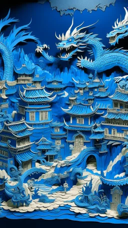 A dark blue dragon village with a palace designed in Chinese paper art painted by Vincent van Gogh