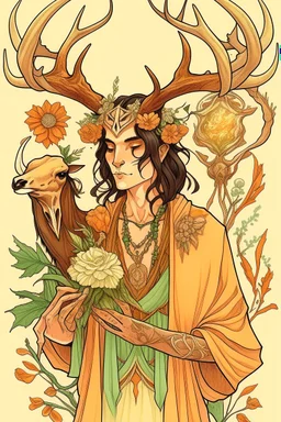 create a drawing for me. a fantasy drawing of a hispanic man with deer skull on his head. he has brown hair and tan skin. he wears peach colored robes and yellow pants with green accessories. he is surrounded by nature and is holding a crow companion. the skull is large and covers the face completely. the deer skull covers his face and the antlers have flowers on them.