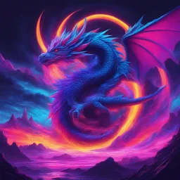 Dragon in a vibrant synthwave dreamscape, neon chaos swirling energetically around pixelated forms, a dynamic fusion of retro gaming nostalgia and futuristic abstraction