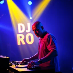 A dj on a night rave club standing mixing songs , he looks like the actor Bryan Cranston, bald man. strobes and blue yellow light, a big sign with "DJ ROY" in the background, this is a album cover for his dj roy analisentials album.