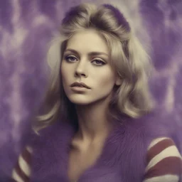Brigitte bardot,Hippie girl, purple fur, striped wallpaper, old autochrome