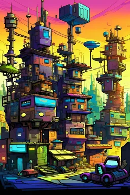 Create cartoon art featuring shinny glossy textures cityscape , highly detailed and chaotic sci-fi sophisticated and futuristic scenes. It features bright colors with shades of golden, black, soft purple, green and blue dominating. The design appears to be filled with organic and machine-like elements that blend with each other. The Buildings intertwined with drone, robot and tech around it giving it a dystopian and cybernetic feel.