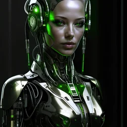 a raw photo of a fembot, natural lighting ,looking at the viewer, attractive, accessories, highly detailed, green eyes, conceptual, science fiction--v6, full body portrait, artstation, deviantart, pose,