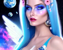 jolie femme galactique cosmonaute avec longs cheveux bleus - joli visage souriant et beau corps bien formé , beaux yeux bleus - grandes ailes bleu ciel , ciel bleu fleurs blanches et roses. robe en soie, jolies dents, jolis yeux, picture precise and hight quality,ambiance rose pÂle, combinaison de cosmonaute