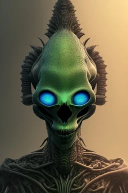 green alien, head, evil, black eyes, weapons, blood, 8k, finely detailed, photo realistic, HR Giger style turquoise skull head red Mohak Mexican alien moon skeleton sombrero Blackground