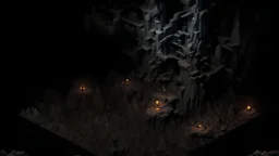A dark and grim forest, isometric camera angle, low poly blocky 3D render style