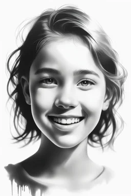 A realistic drawing in negative space black ink on white background of a beautiful front view of a young girl smiling with clear white face, all picture is bright white