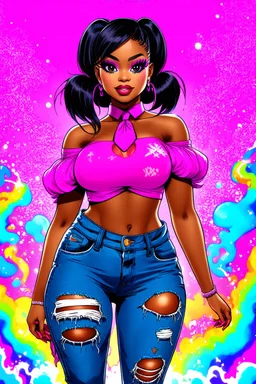 vibrant psychedelic comic book image, airbrush, 48k, cartoon art of a chibi curvy black female wearing torn jeans pants and a pink tie dye off the shoulder blouse. Prominent make up with lush lashes. Highly detailed sleek wavy ponytail