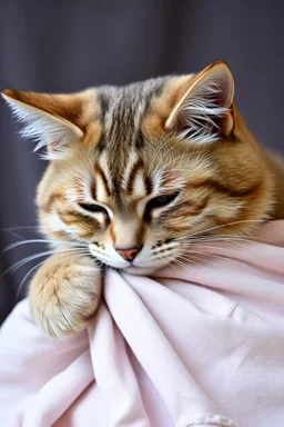 Sad cat hugging a piece of cloth