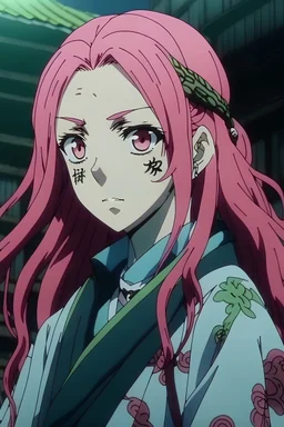 Kimetsu no yaiba screencap of a (female) (with (body description aka pink long hair ,skin tone is light , eye color is dark , face shape is A long, sharp-featured face, Scenery is (beautiful, adorable etc.). (He/she) is wearing a (outfit of katana). (WIT/MAPPA) Studios (season 1, season 2, season 3) screencap.