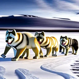 Create an image of sledge dogs that drag a sled in the snowy expanses of Alaska on which sit four Eskimo children dressed in white bear fur coats, the sled makes deep tracks in the snow, in the background of his circle in front of which stands an Eskimo hunter with a catch of fish, afternoon photo, outdoor photo, photo Realistic, 18K, wide lens