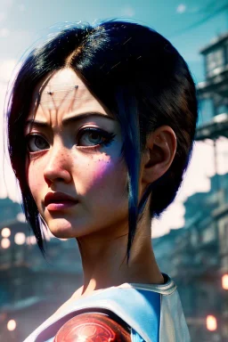 Alita battle angel, portrait from waist up, intricate eyeliner, vibrant eyeshadow, clear completion, soft lighting, 4k resolution, intricate details, insanely detailed, white tank top, vibrant Japanese style tattoo sleeve, colorful cityscape background, masterpiece, expert, cinematic smooth, retroanime style, realistic details