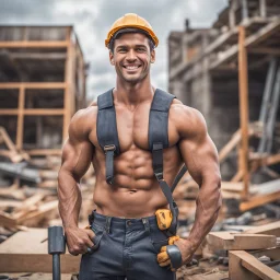 Hyper Realistic photographic-view of a Handsome-muscular-shirtless male construction worker with brown-hair-&-attractive-black-eyes giving-attractive-smile-&-posing at a construction-site with his tools at cloudy-day showing dramatic & cinematic ambiance