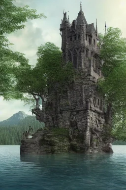 3-story Fantasy Gothic Tower with An Observation Platform, On A Rocky Island, In A Lake, In A Fantasy Woodland, with a bridge