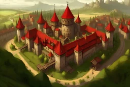 top view, big city, medieval fantasy, plains, crops, castle, adventurers, bard, red drgaon emblem