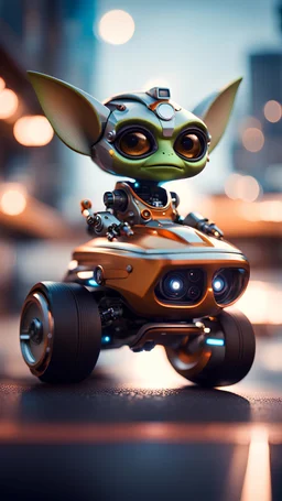 Gremlin pimp robot on roadster star ship ,bokeh like f/0.8, tilt-shift lens 8k, high detail, smooth render, down-light, unreal engine, prize winning