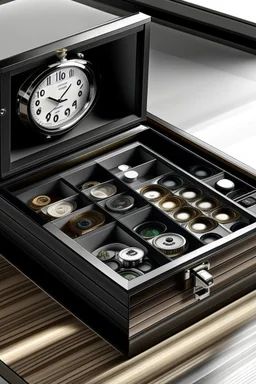Generate a visually striking representation of the Rapport Evolution Modular Watch Box in a contemporary interior, emphasizing its adaptability with customizable compartments for watches of various styles."