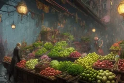 A greengrocer in colorful varanasi street+Gothic city+BioShock+Dishonored+Bloodborne +trieste+Edinburgh+Chicago+victorian London+decòpunk Skyscraper+ +steampunk+biopunk+alphonse mucha, greg rutkowski,matte painting, cryengine, hyper detailed, felix kelly, fantasy art, seb mckinnon