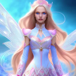  beautiful, soft, whide smile face,whole head, long blonde straight hair, blue eyes, fairy wings on the back, transparent crystal blue and pink clothes, background blue and pink, big definition, 8K