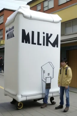 giant milk carton that says M.I.L.K on it STYLE OF HIROKU OGAI