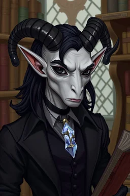 figura intera di tiefling dalla pelle grigio pallido, occhi neri e capelli corvino di media lunghezza, vestito in maniera vittoriana, gestisce una libreria. Corna di muflone e un ciondolodi cristallo al collo. Stile Jeff simpson