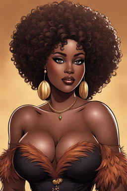 create a comic book art illustration of a curvy size dark skinned black female wearing a hazel brown off the shoulder blouse. Prominent make up with long lashes and hazel eyes. She is wearing brown feather earrings. Highly detailed full black tight curl afro