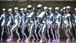 Hyperrealistisch dutzende Rollergirls völlig verhüllt von silber glänzendem Ganzkörper-Zentai mit geschlossenem verspiegelten Visier in identischen silberfarbenen, geschlossenen Helmen fahren in präziser Formation parallel nebeneinander und hintereinander mit Rollschuhen