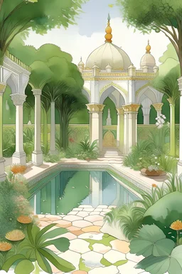 Illustrate a peaceful garden scene, reflecting the lush and serene gardens that were an integral part of Moorish architecture.