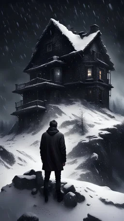 Hyper Realistic black dressed sad man on the top of a mountain & an abandoned dark haunted house at heavy snowfall night