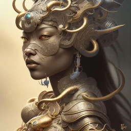 Sango fantasy, fantasy magic, intricate, sharp focus, illustration, highly detailed, digital painting, concept art, matte, art germ and Paul Lewin and Kehinde Wiley, masterpiece Indonesian lady head bronze tiger Asian African girl nice breast Thai hair turquoise silver waves