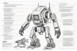 Black and white technical drawing showcasing an advanced Yeti robot with lots of weapons and defences. Annotations detail its powers and capabilities.